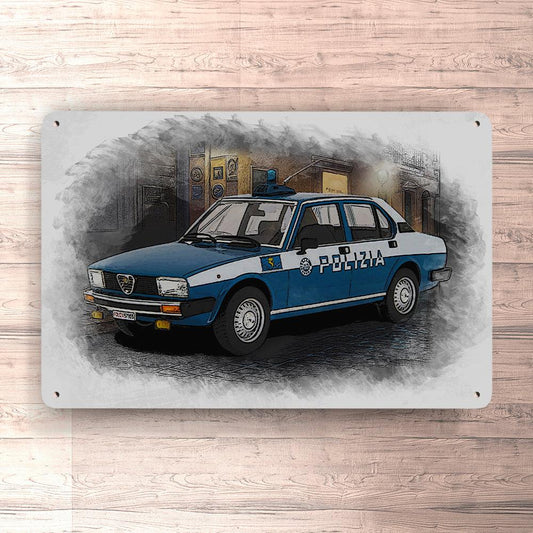 ALFA ROMEO ALFETTA 2.0 L POLIZIA 1978 Skilte, Musemåtte, Dørmåtte-Skilte-Alfa Romeo-Garage Culture Shop- garage - man cave - merchandise