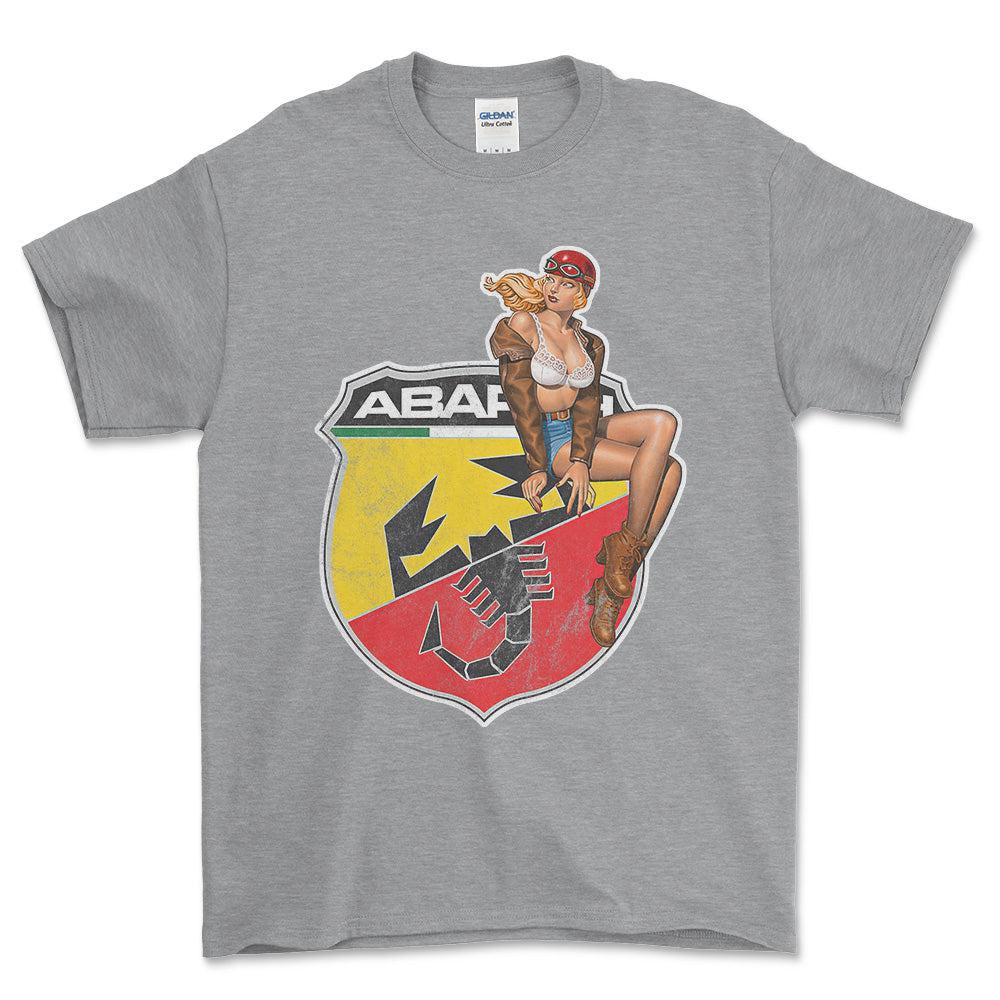 Abarth Pinup - Unisex T-Shirt , Bomuld-Beklædning-Abarth-Grå Sport-S-Forside-Garage Culture Shop- garage - man cave - merchandise