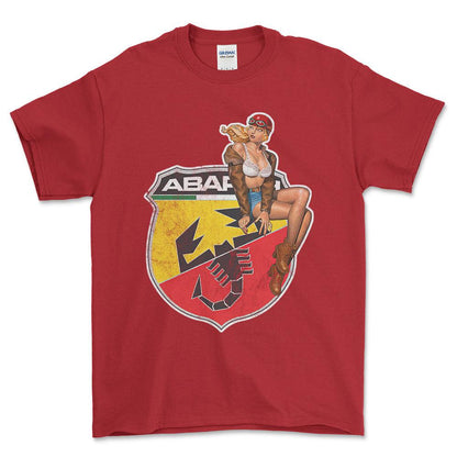 Abarth Pinup - Unisex T-Shirt , Bomuld-Beklædning-Abarth-Rød-S-Forside-Garage Culture Shop- garage - man cave - merchandise