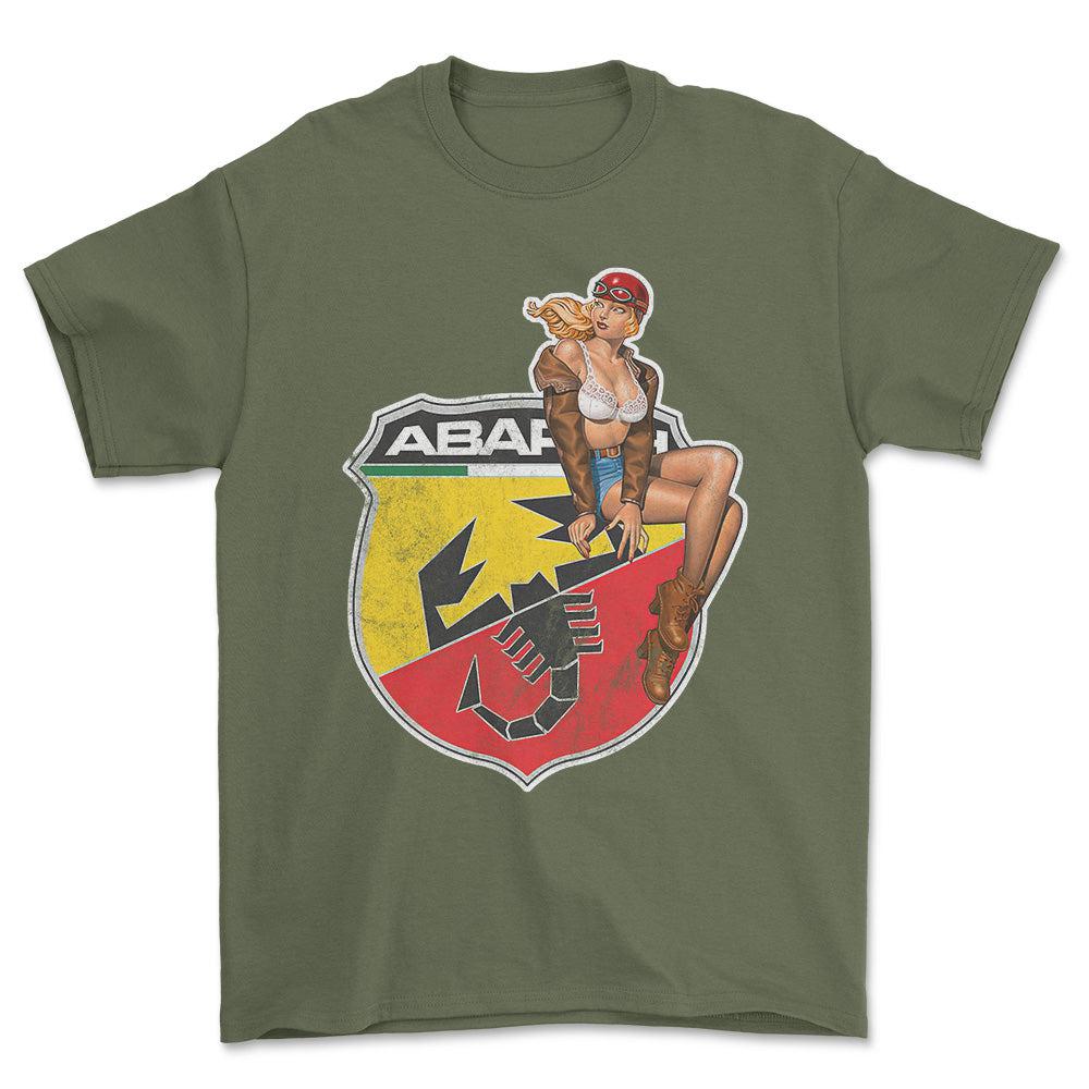 Abarth Pinup - Unisex T-Shirt , Bomuld-Beklædning-Abarth-Grøn Militær-S-Forside-Garage Culture Shop- garage - man cave - merchandise