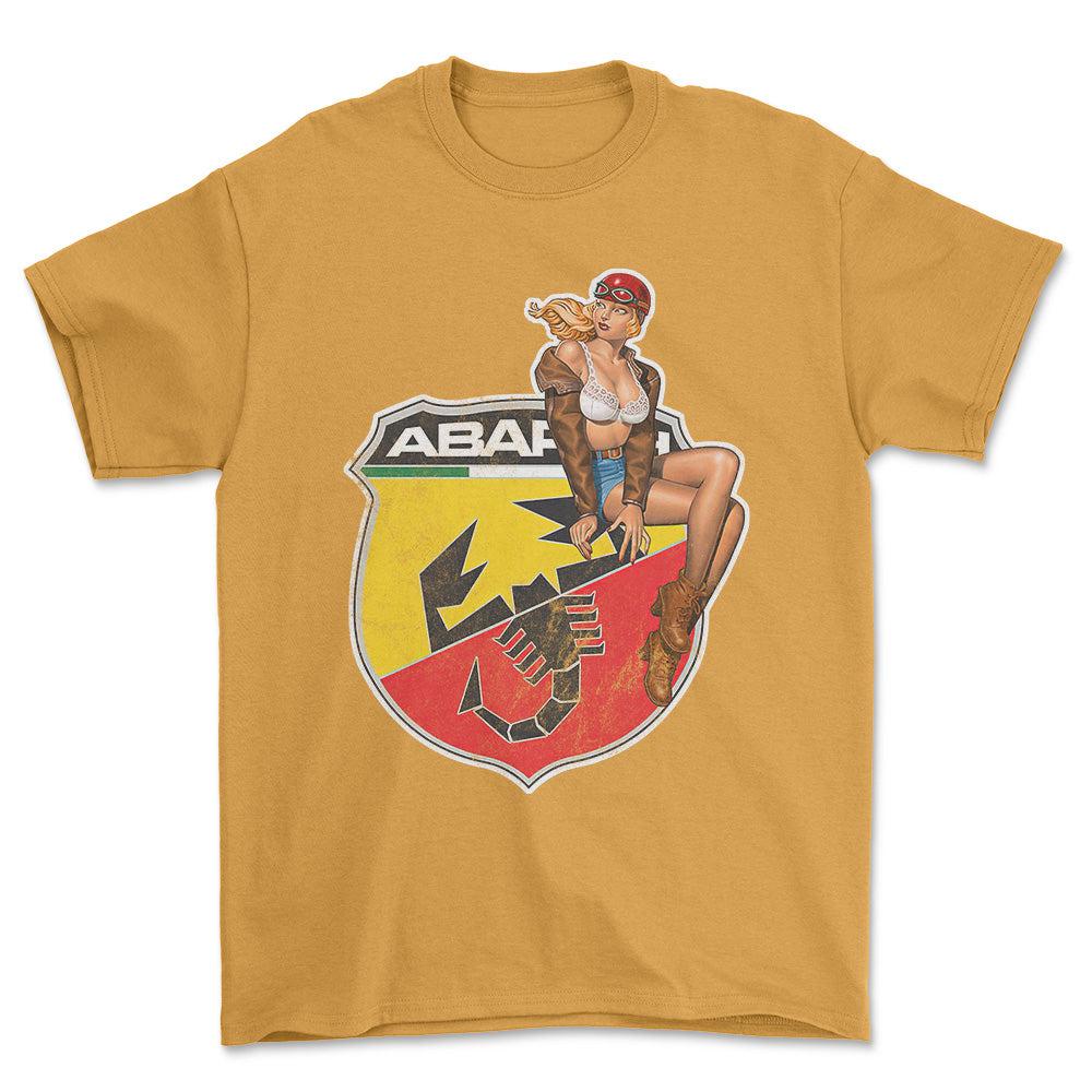 Abarth Pinup - Unisex T-Shirt , Bomuld-Beklædning-Abarth-Guld-S-Forside-Garage Culture Shop- garage - man cave - merchandise