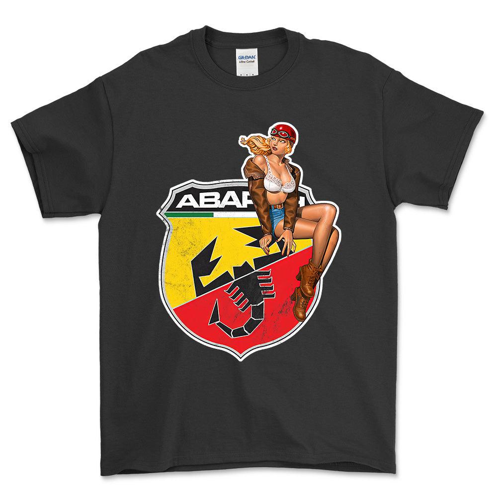 Abarth Pinup - Unisex T-Shirt , Bomuld-Beklædning-Abarth-Sort-S-Forside-Garage Culture Shop- garage - man cave - merchandise