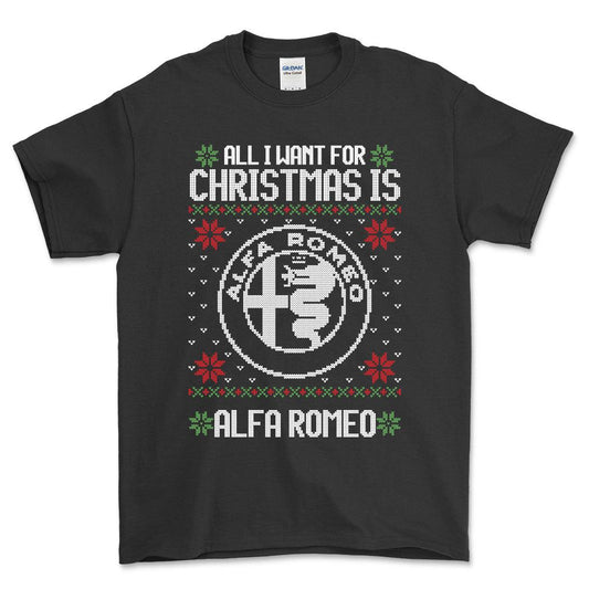 Alfa Romeo - All I Want For Christmas - Unisex T-Shirt , Bomuld-Beklædning-Alfa Romeo-Sort-S-Forside-Garage Culture Shop- garage - man cave - merchandise