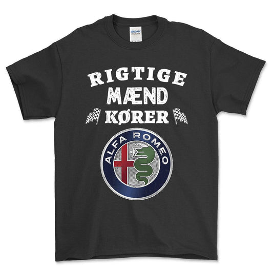 Alfa Romeo Rigtige Mænd Kører Unisex T-Shirt , Bomuld-Beklædning-Alfa Romeo-Sort-S-Forside-Garage Culture Shop- garage - man cave - merchandise