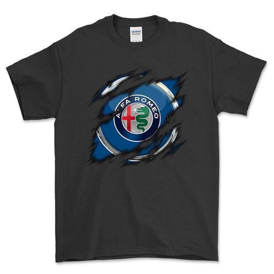 Alfa Romeo Ripped Unisex T-Shirt , Bomuld-Beklædning-Alfa Romeo-Sort-S-Forside-Garage Culture Shop- garage - man cave - merchandise