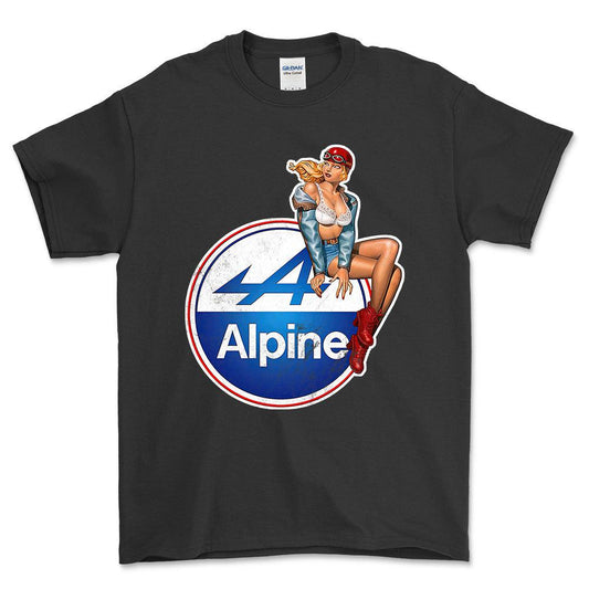 Alpine Pinup - Unisex T-Shirt , Bomuld-Beklædning-Alpine-Sort-S-Forside-Garage Culture Shop- garage - man cave - merchandise