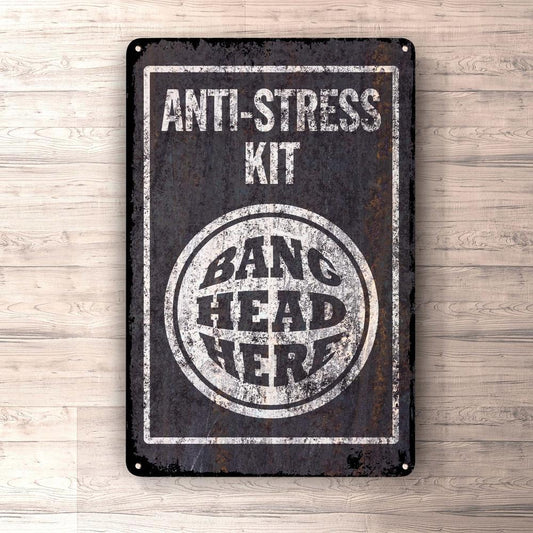 Anti-Stress Kit. Bang Head Here Skilte, Musemåtte, Dørmåtte-Skilte-Funny Garage-Garage Culture Shop- garage - man cave - merchandise