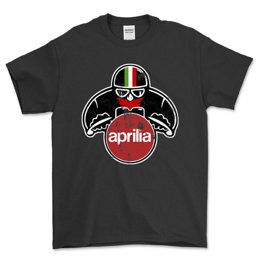 Aprilia Biker Vintage Style Unisex T-Shirt , Bomuld-Beklædning-Aprilia-Sort-S-Forside-Garage Culture Shop- garage - man cave - merchandise