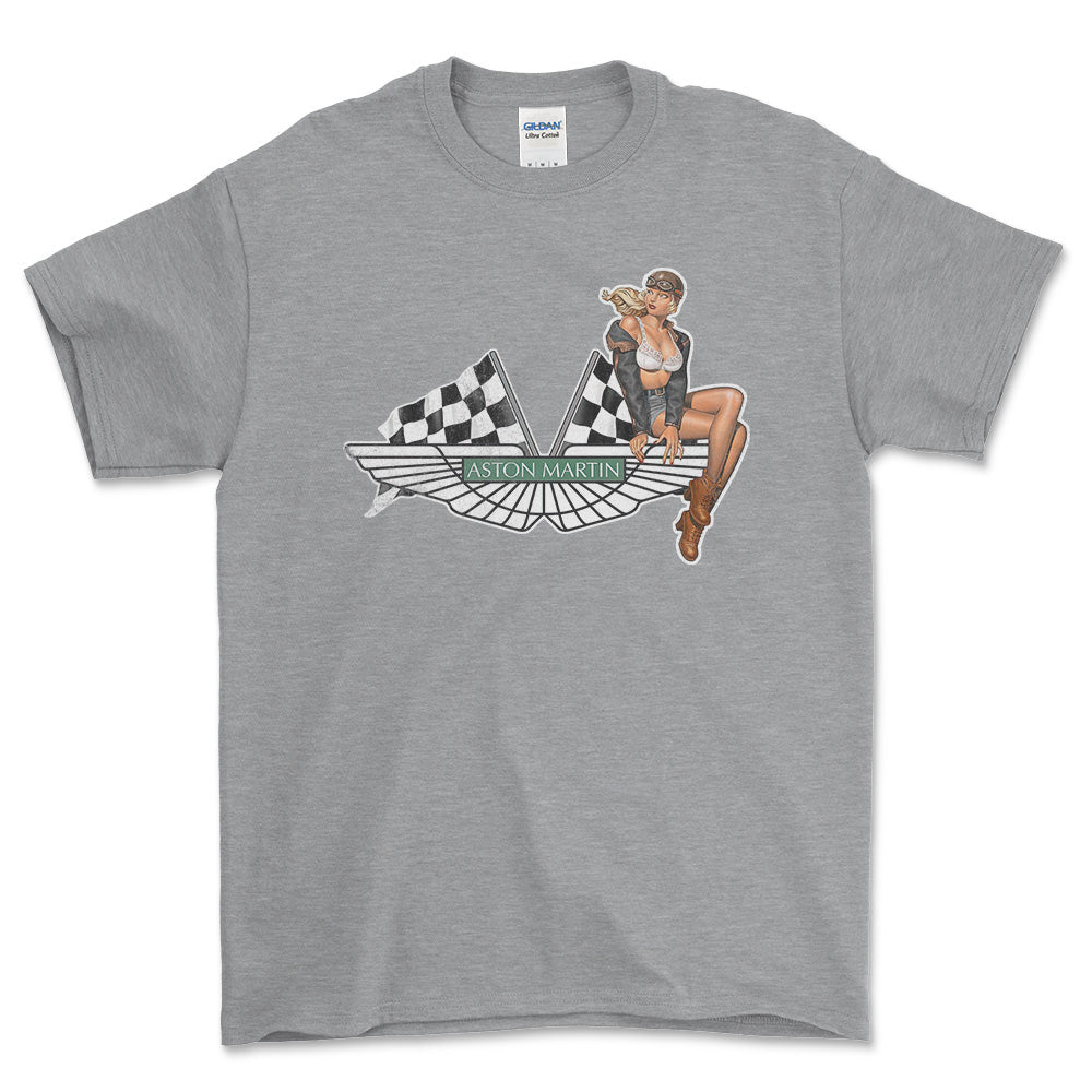 Aston Martin Pinup - Unisex T-Shirt , Bomuld-Beklædning-Aston Martin-Grå Sport-S-Forside-Garage Culture Shop- garage - man cave - merchandise