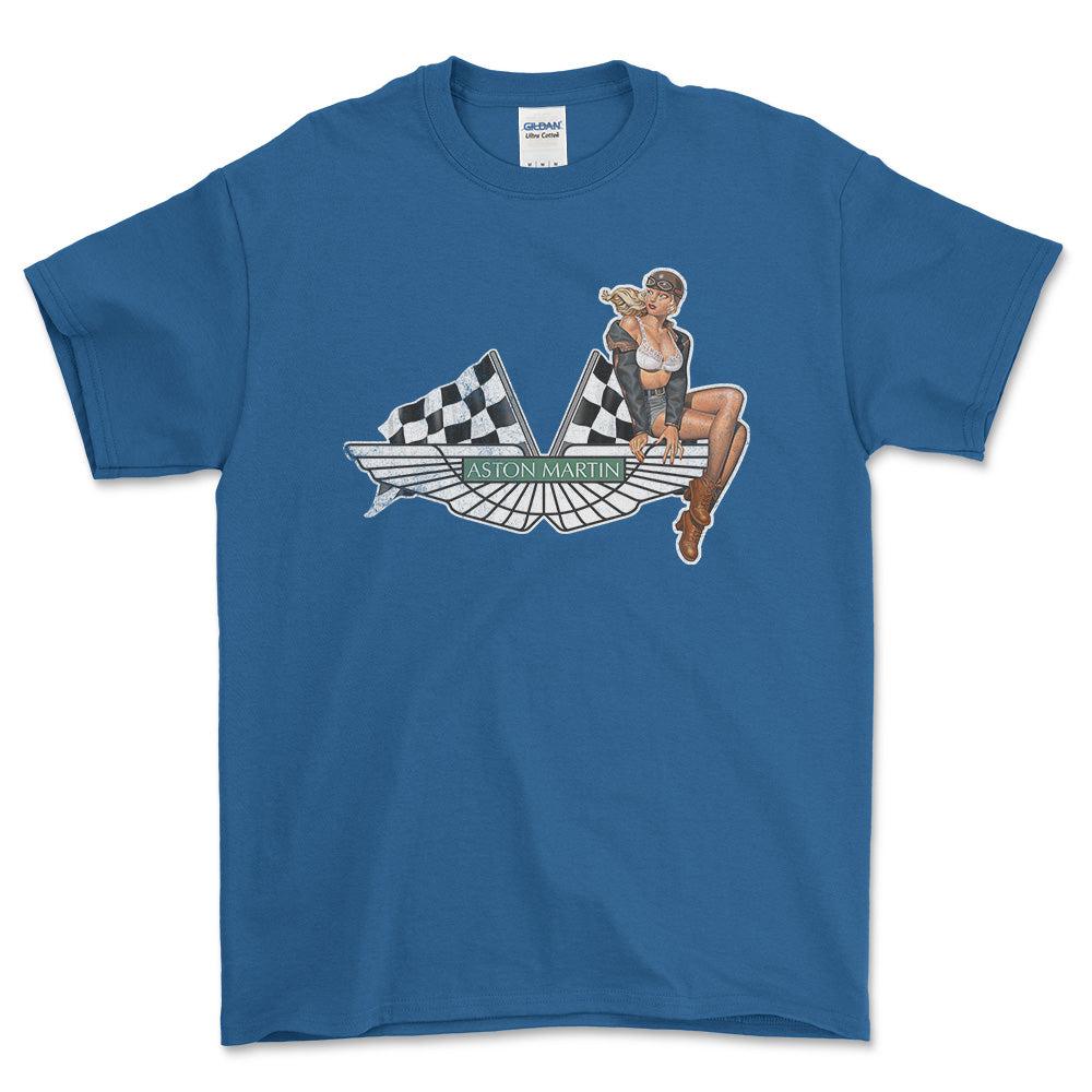 Aston Martin Pinup - Unisex T-Shirt , Bomuld-Beklædning-Aston Martin-Blå Royal-S-Forside-Garage Culture Shop- garage - man cave - merchandise