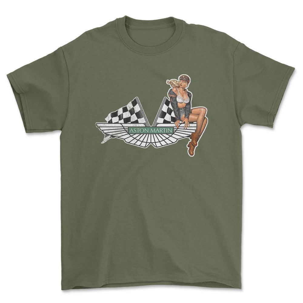 Aston Martin Pinup - Unisex T-Shirt , Bomuld-Beklædning-Aston Martin-Grøn Militær-S-Forside-Garage Culture Shop- garage - man cave - merchandise