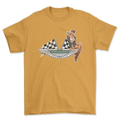 Aston Martin Pinup - Unisex T-Shirt , Bomuld-Beklædning-Aston Martin-Guld-S-Forside-Garage Culture Shop- garage - man cave - merchandise