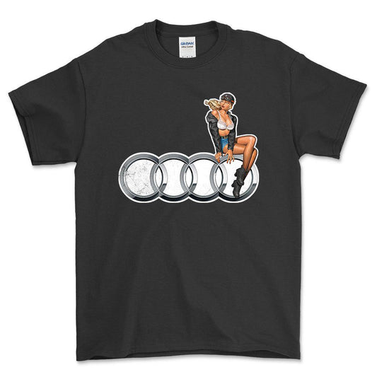 Audi Pinup - Unisex T-Shirt , Bomuld-Beklædning-Audi-Sort-S-Forside-Garage Culture Shop- garage - man cave - merchandise