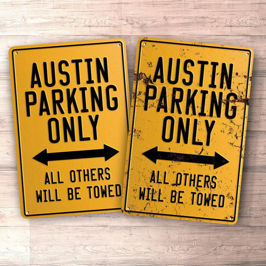 Austin Parking Only Skilte, Musemåtte, Dørmåtte-Parking skilte-Austin-Garage Culture Shop- garage - man cave - merchandise