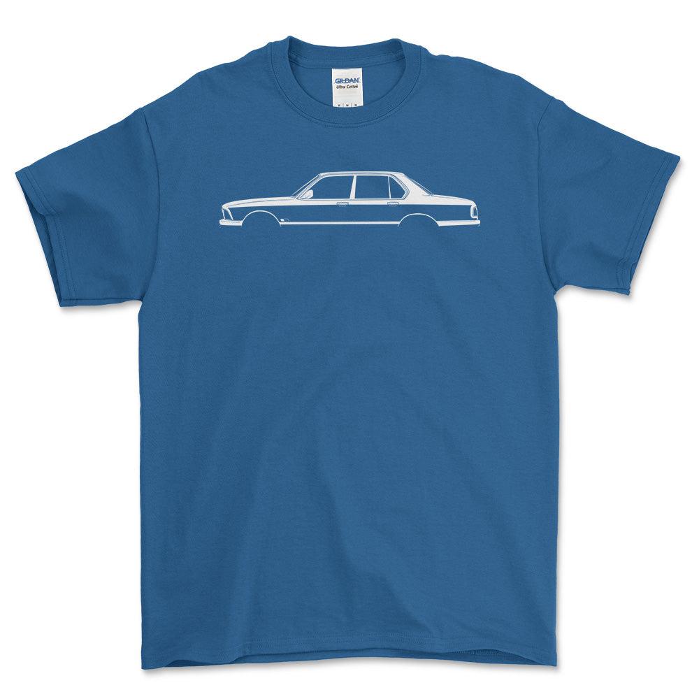 BMW 7 Series (E23) Silhuet - Unisex T-Shirt , Bomuld-Beklædning-BMW-Blå Royal-S-Forside-Garage Culture Shop- garage - man cave - merchandise