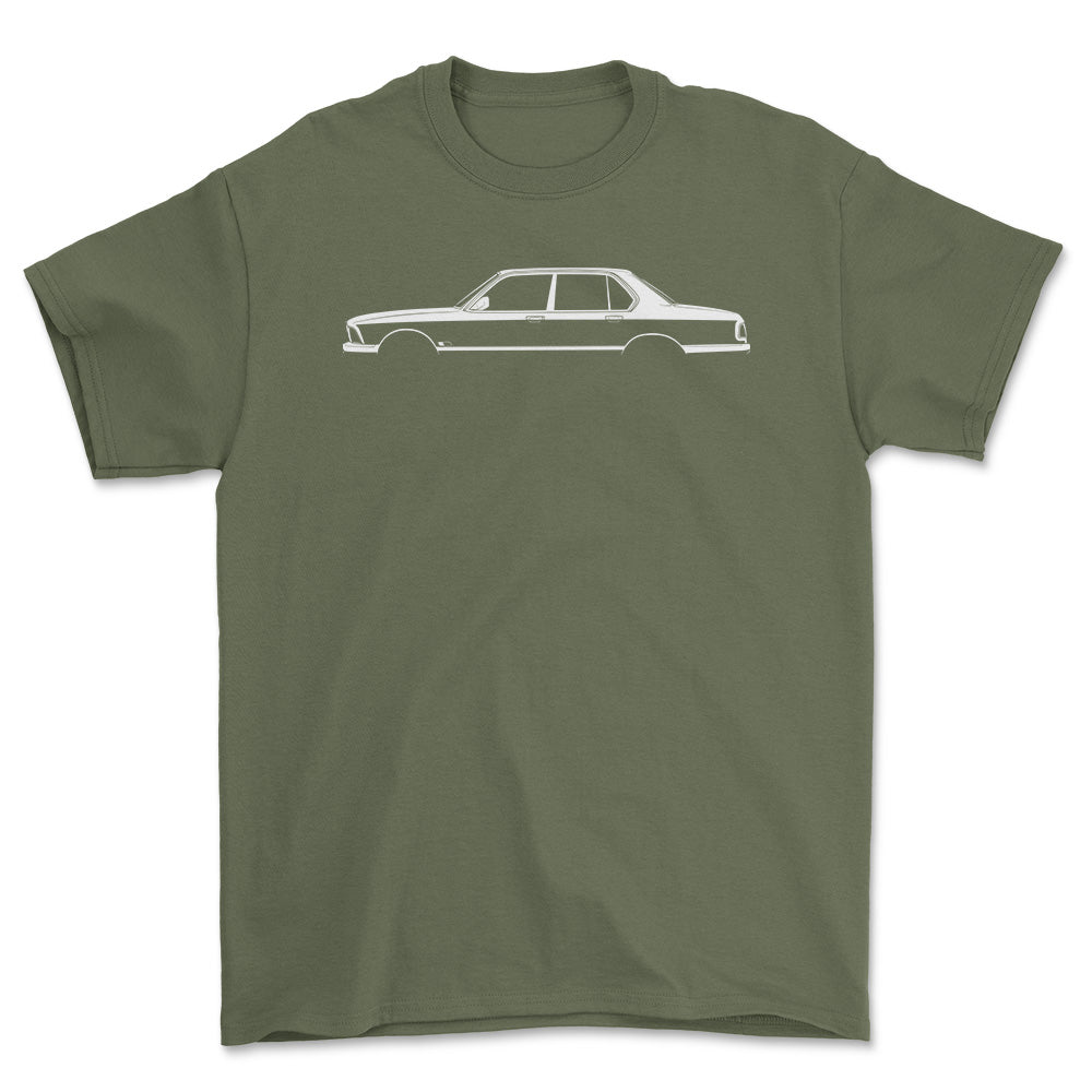 BMW 7 Series (E23) Silhuet - Unisex T-Shirt , Bomuld-Beklædning-BMW-Grøn Militær-S-Forside-Garage Culture Shop- garage - man cave - merchandise