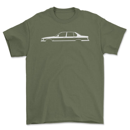 BMW 7 Series (E32) Silhuet - Unisex T-Shirt , Bomuld-Beklædning-BMW-Grøn Militær-S-Forside-Garage Culture Shop- garage - man cave - merchandise