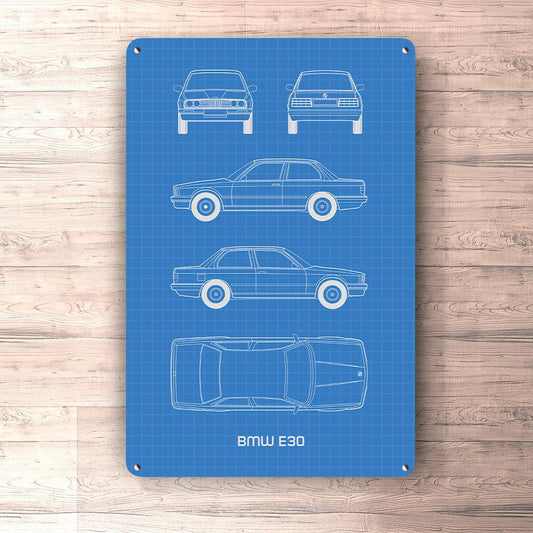 BMW E30 2 door Blueprint Skilte, Musemåtte, Dørmåtte-Blueprint-BMW-Garage Culture Shop- garage - man cave - merchandise