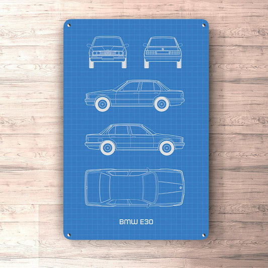 BMW E30 4 door Blueprint Skilte, Musemåtte, Dørmåtte-Blueprint-BMW-Garage Culture Shop- garage - man cave - merchandise