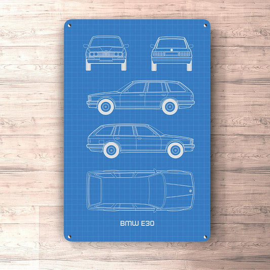 BMW E30 Touring Blueprint Skilte, Musemåtte, Dørmåtte-Blueprint-BMW-Garage Culture Shop- garage - man cave - merchandise