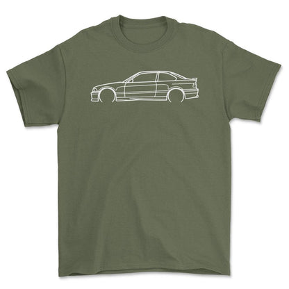 BMW E36 M3 Outline - Unisex T-Shirt , Bomuld-Beklædning-BMW-Grøn Militær-S-Forside-Garage Culture Shop- garage - man cave - merchandise