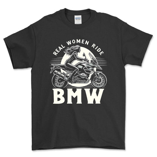 BMW GS - Real Women Ride BMW - Unisex T-Shirt , Bomuld-Beklædning-BMW-Sort-S-Forside-Garage Culture Shop- garage - man cave - merchandise