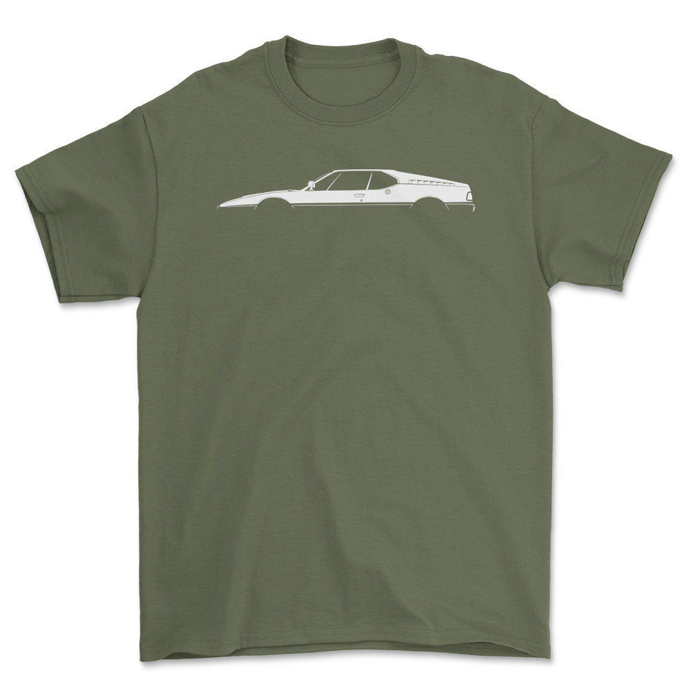 BMW M1 Silhuet - Unisex T-Shirt , Bomuld-Beklædning-BMW-Grøn Militær-S-Forside-Garage Culture Shop- garage - man cave - merchandise