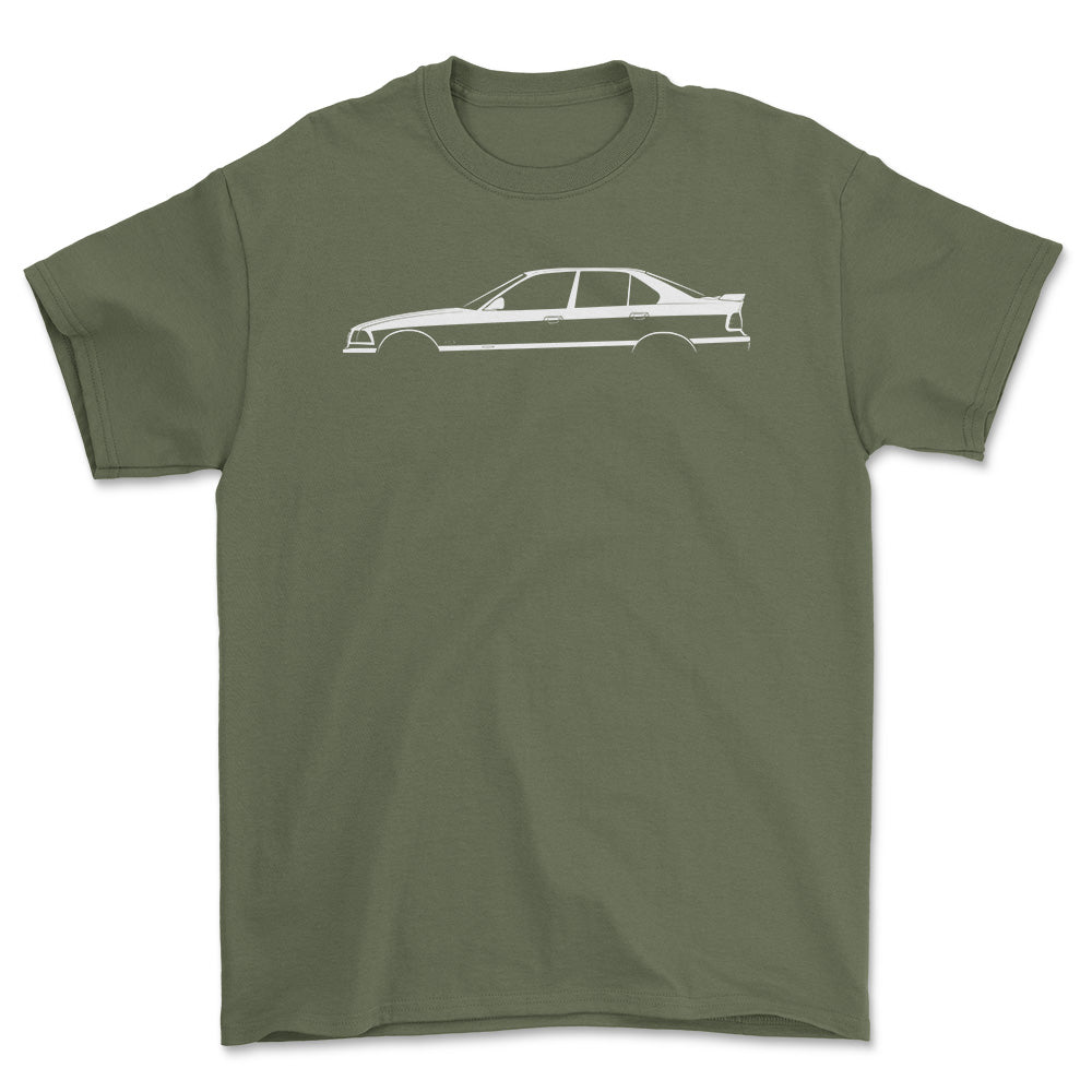 BMW M3 (E36) Silhuet - Unisex T-Shirt , Bomuld-Beklædning-BMW-Grøn Militær-S-Forside-Garage Culture Shop- garage - man cave - merchandise