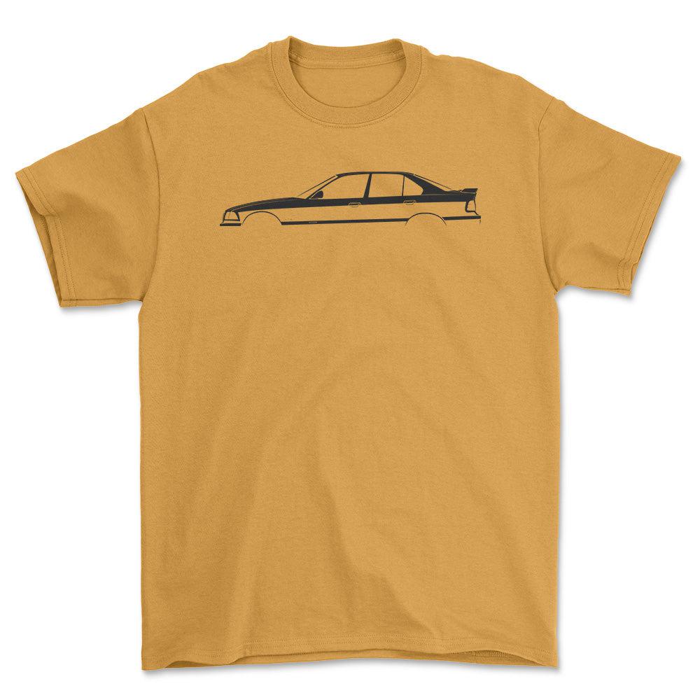 BMW M3 (E36) Silhuet - Unisex T-Shirt , Bomuld-Beklædning-BMW-Guld-S-Forside-Garage Culture Shop- garage - man cave - merchandise