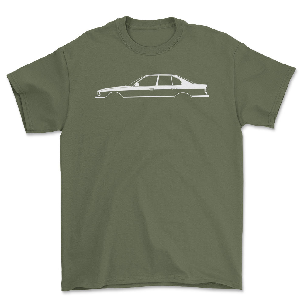 BMW M5 (E34) Silhuet - Unisex T-Shirt , Bomuld-Beklædning-BMW-Grøn Militær-S-Forside-Garage Culture Shop- garage - man cave - merchandise