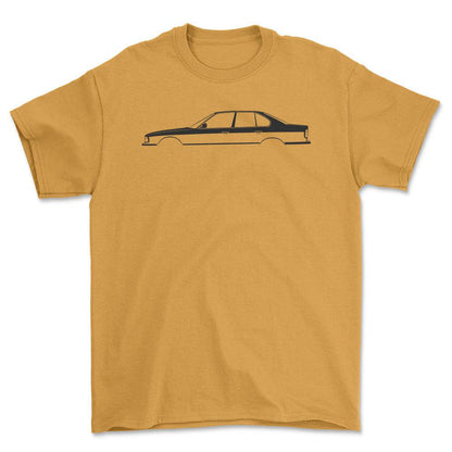 BMW M5 (E34) Silhuet - Unisex T-Shirt , Bomuld-Beklædning-BMW-Guld-S-Forside-Garage Culture Shop- garage - man cave - merchandise