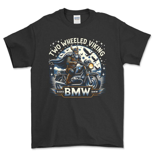 BMW Two Wheeled Viking Rides BMW - Unisex T-Shirt , Bomuld-Beklædning-Kawasaki-Sort-S-Forside-Garage Culture Shop- garage - man cave - merchandise