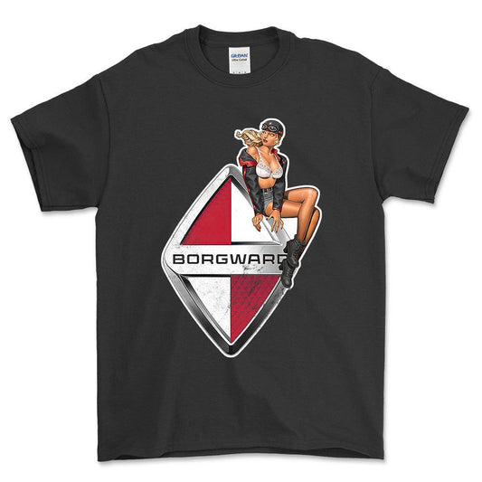 Borgward Pinup - Unisex T-Shirt , Bomuld-Beklædning-Borgward-Sort-S-Forside-Garage Culture Shop- garage - man cave - merchandise