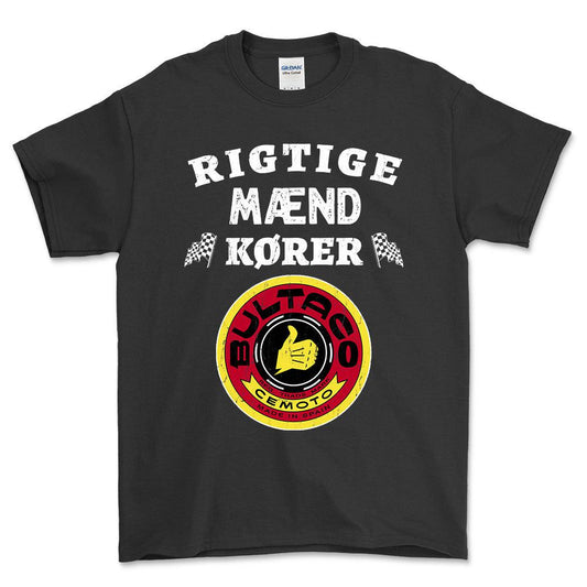 Bultaco Rigtige Mænd Kører - Unisex T-Shirt , Bomuld-Beklædning-Bultaco-Sort-S-Forside-Garage Culture Shop- garage - man cave - merchandise