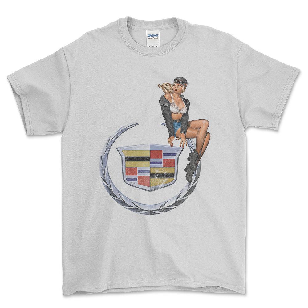 Cadillac Pinup - Unisex T-Shirt , Bomuld-Beklædning-Cadillac-Hvid-S-Forside-Garage Culture Shop- garage - man cave - merchandise