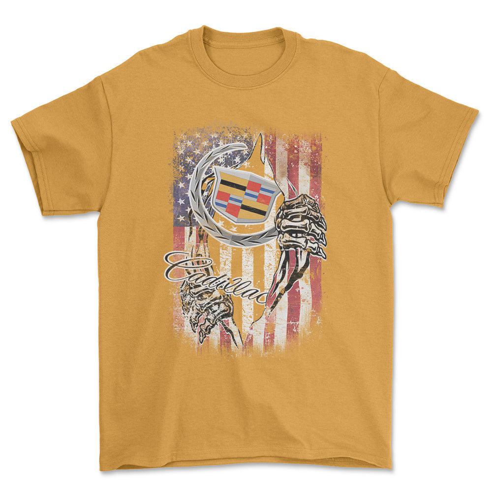 Cadillac US Flag Unisex T-Shirt , Bomuld-Beklædning-Buick-Guld-S-Forside-Garage Culture Shop- garage - man cave - merchandise