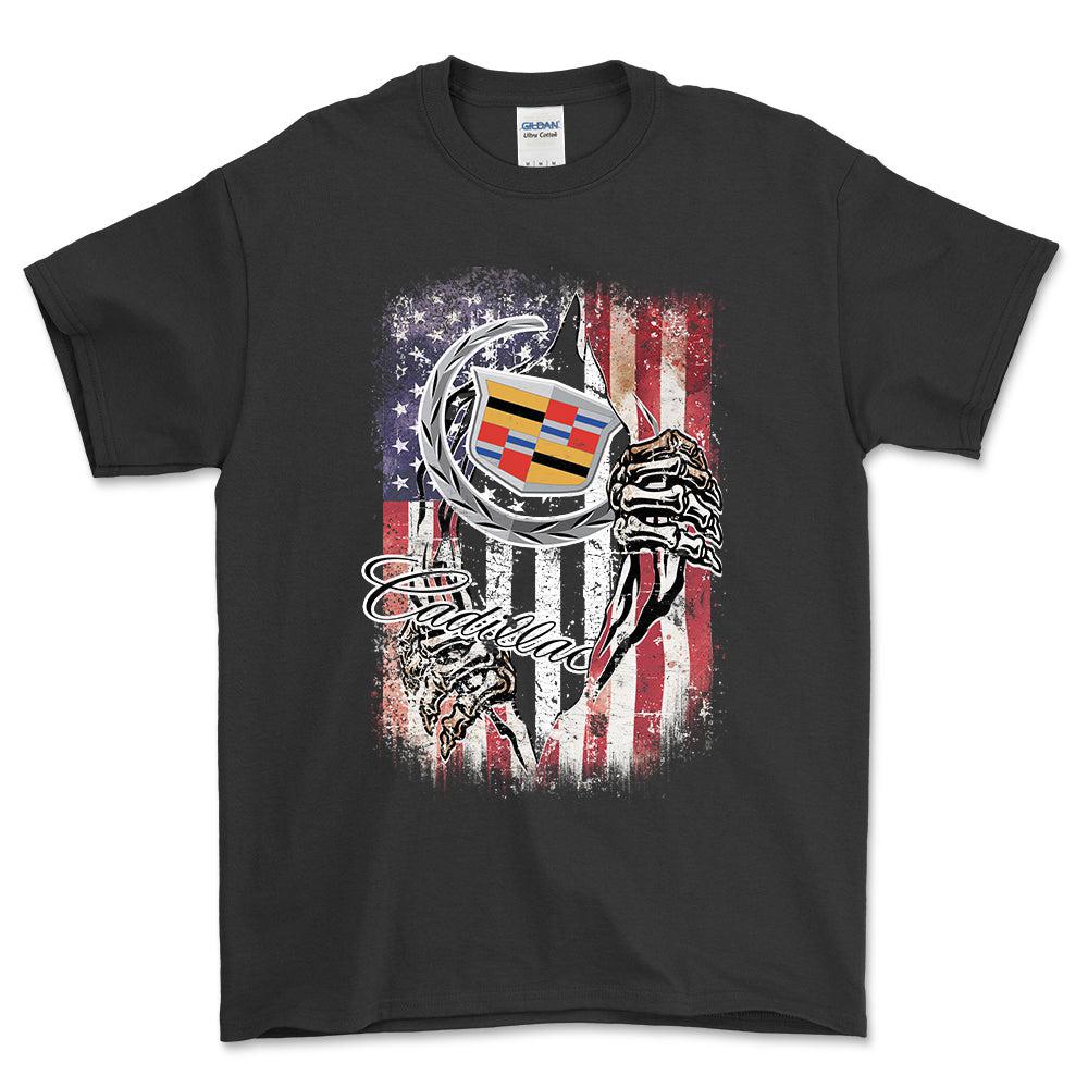 Cadillac US Flag Unisex T-Shirt , Bomuld-Beklædning-Buick-Sort-S-Forside-Garage Culture Shop- garage - man cave - merchandise