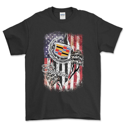 Cadillac US Flag Unisex T-Shirt , Bomuld-Beklædning-Buick-Sort-S-Forside-Garage Culture Shop- garage - man cave - merchandise