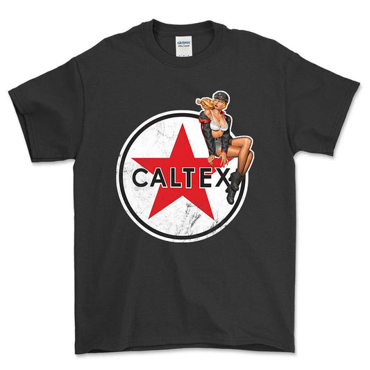 Caltex Pinup - Unisex T-Shirt , Bomuld-Beklædning-Motoroil-Sort-S-Forside-Garage Culture Shop- garage - man cave - merchandise