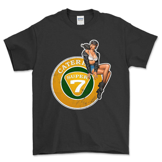 Caterham Super 7 Pinup - Unisex T-Shirt , Bomuld-Beklædning-Caterham-Sort-S-Forside-Garage Culture Shop- garage - man cave - merchandise