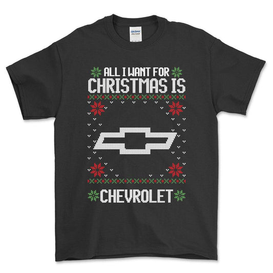 Chevrolet - All I Want For Christmas - Unisex T-Shirt , Bomuld-Beklædning-Chevrolet-Sort-S-Forside-Garage Culture Shop- garage - man cave - merchandise