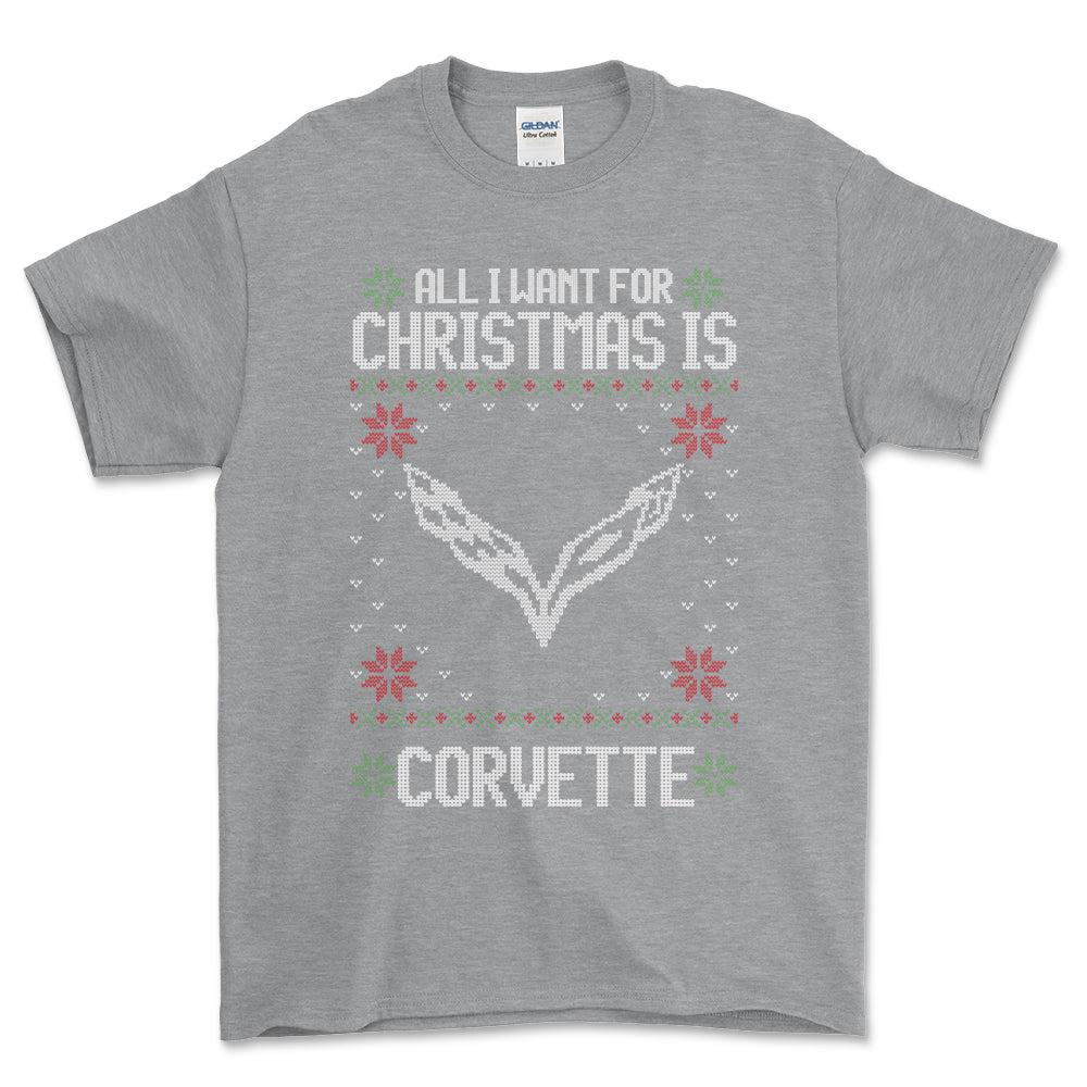 Chevrolet Corvette - All I Want For Christmas - Unisex T-Shirt , Bomuld-Beklædning-Chevrolet-Grå Sport-S-Forside-Garage Culture Shop- garage - man cave - merchandise