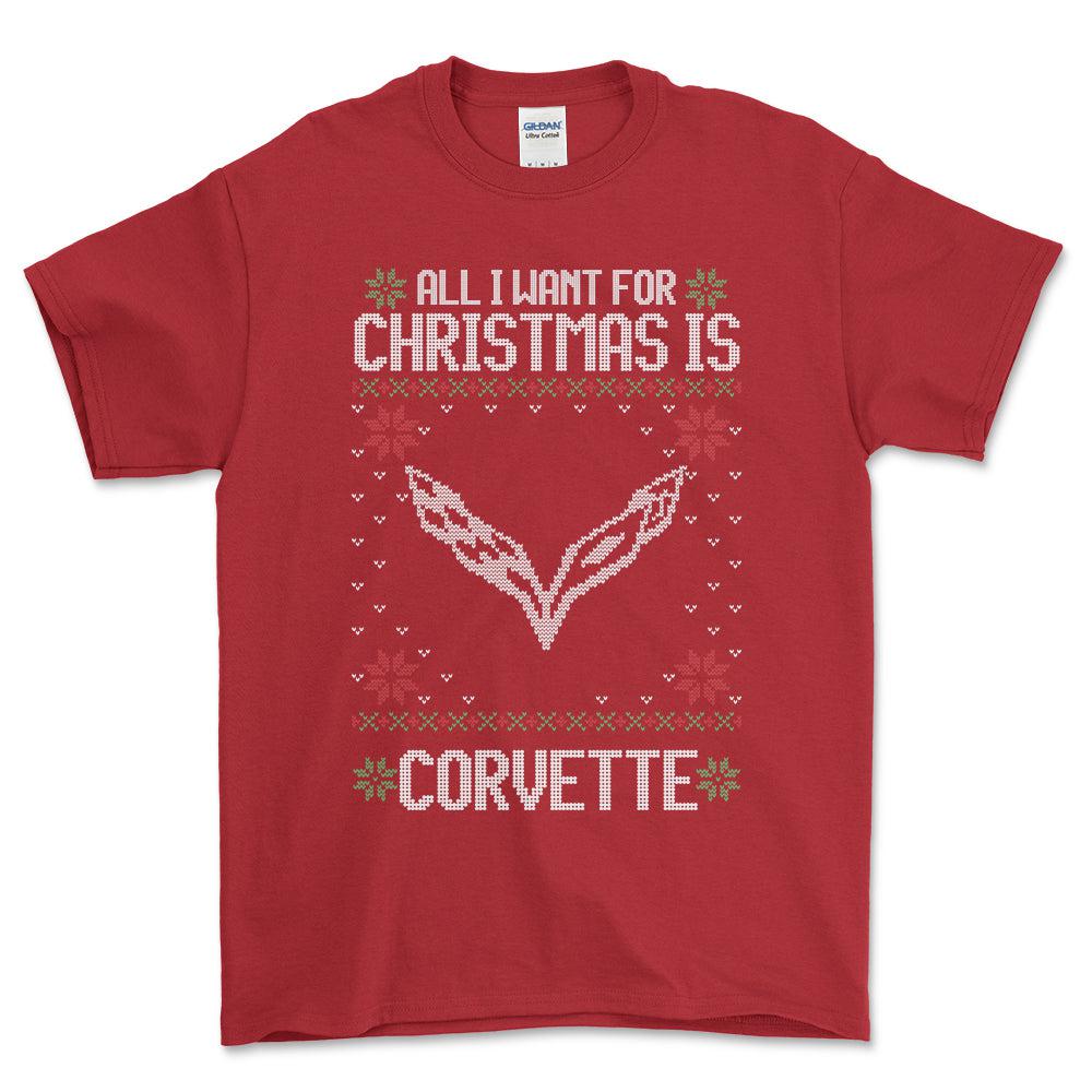 Chevrolet Corvette - All I Want For Christmas - Unisex T-Shirt , Bomuld-Beklædning-Chevrolet-Rød-S-Forside-Garage Culture Shop- garage - man cave - merchandise