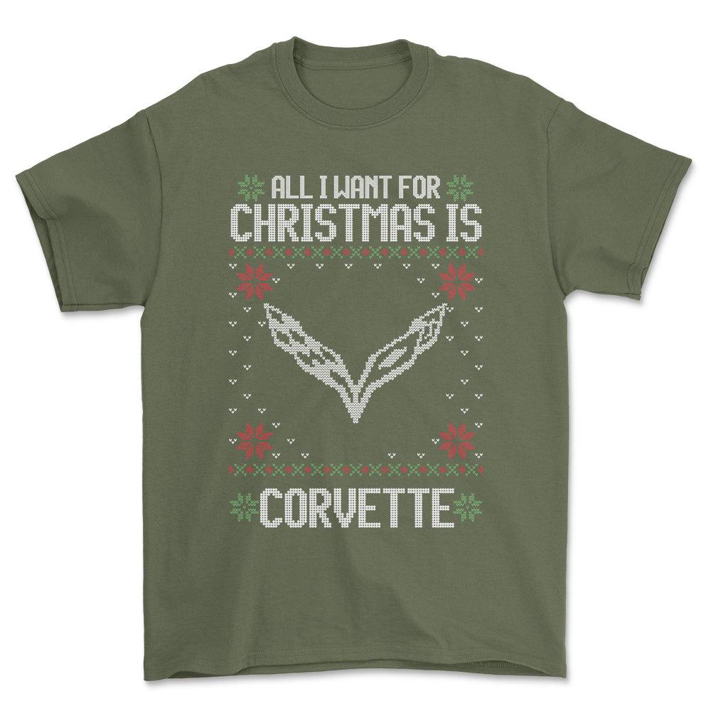 Chevrolet Corvette - All I Want For Christmas - Unisex T-Shirt , Bomuld-Beklædning-Chevrolet-Grøn Militær-S-Forside-Garage Culture Shop- garage - man cave - merchandise