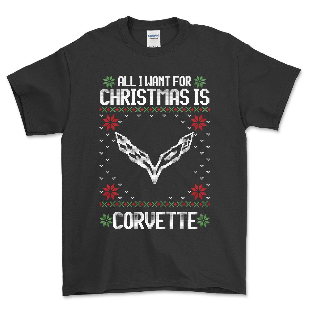 Chevrolet Corvette - All I Want For Christmas - Unisex T-Shirt , Bomuld-Beklædning-Chevrolet-Sort-S-Forside-Garage Culture Shop- garage - man cave - merchandise