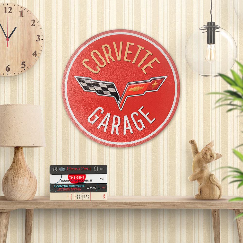 Chevrolet Corvette Garage, Runde Skilte , Musemåtte Rundt , Kop Underlag, Underlagssæt-Runde Skilte-Chevrolet-Garage Culture Shop- garage - man cave - merchandise