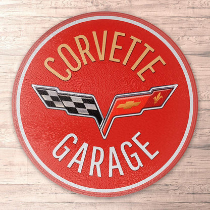 Chevrolet Corvette Garage, Runde Skilte , Musemåtte Rundt , Kop Underlag, Underlagssæt-Runde Skilte-Chevrolet-Garage Culture Shop- garage - man cave - merchandise