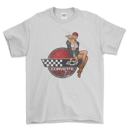 Chevrolet Corvette Pinup - Unisex T-Shirt , Bomuld-Beklædning-Chevrolet-Hvid-S-Forside-Garage Culture Shop- garage - man cave - merchandise