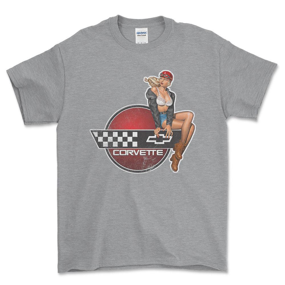 Chevrolet Corvette Pinup - Unisex T-Shirt , Bomuld-Beklædning-Chevrolet-Grå Sport-S-Forside-Garage Culture Shop- garage - man cave - merchandise