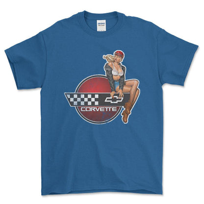 Chevrolet Corvette Pinup - Unisex T-Shirt , Bomuld-Beklædning-Chevrolet-Blå Royal-S-Forside-Garage Culture Shop- garage - man cave - merchandise